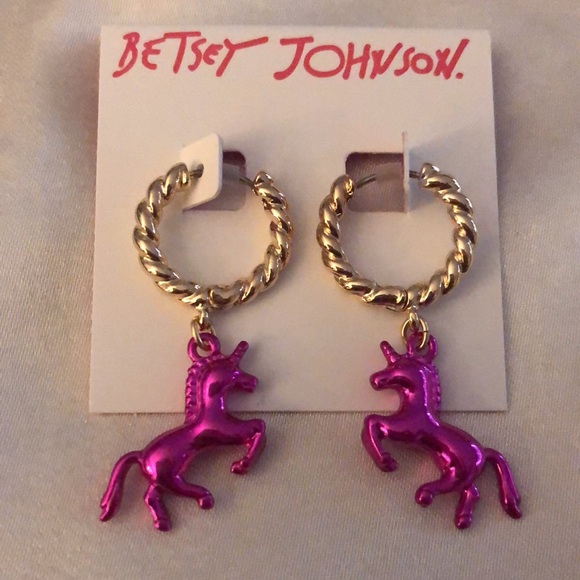 Betsey Johnson Gold Tone & Fuchsia Metallic Unicorn Huggie Hoop Earrings NWT - Picture 8 of 10